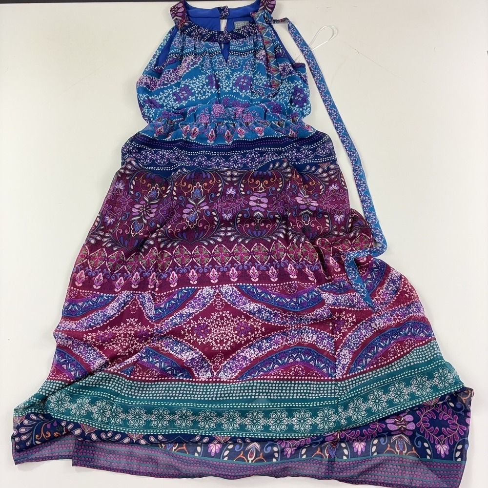 Rabbit Rabbit Rabbit Maxi Dress Women's 10 Blue Paisley Halter Boho Sash Maxi